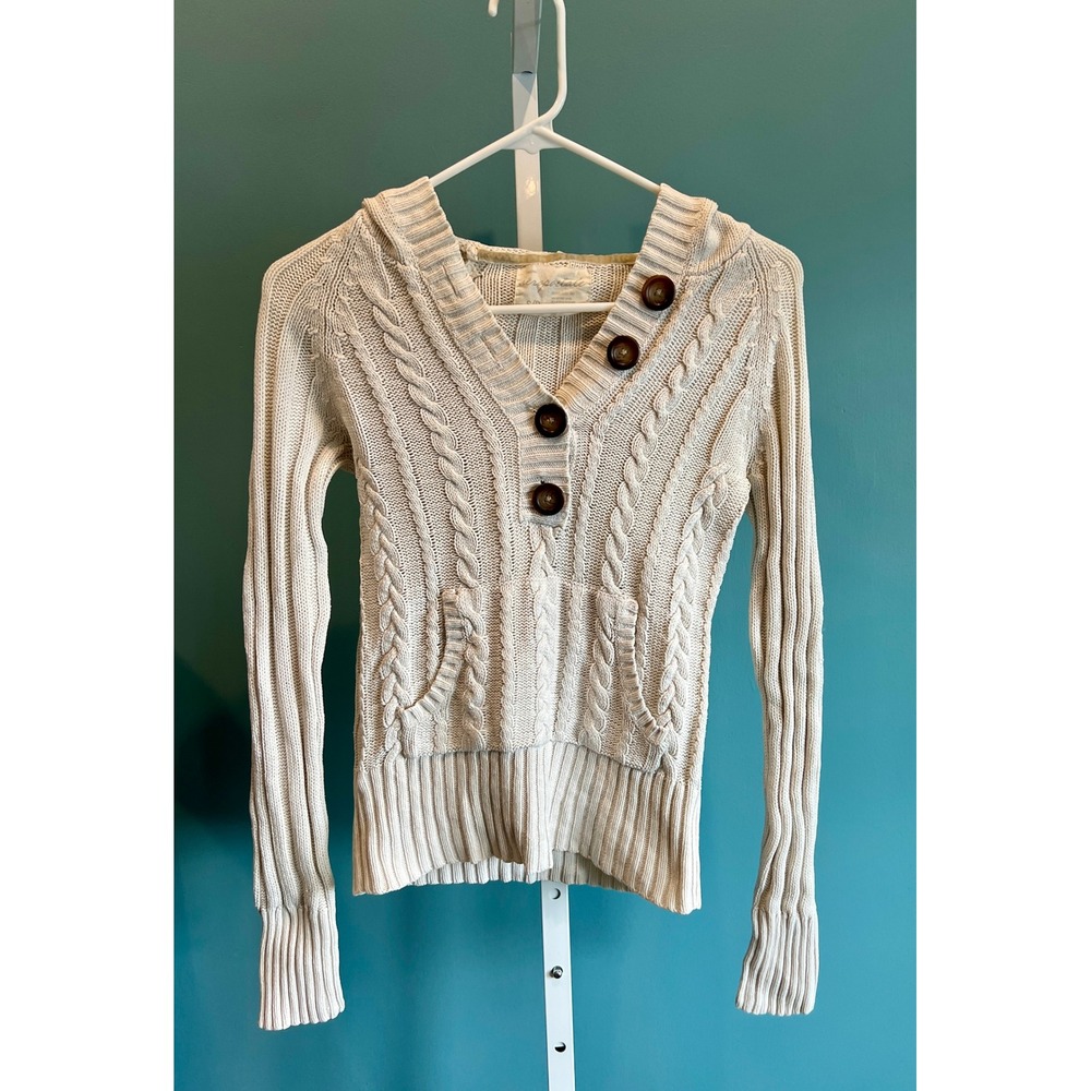 Aeropostale Sweater Womens Small Cream Hooded Cable Knit Button V-Neck Pullover